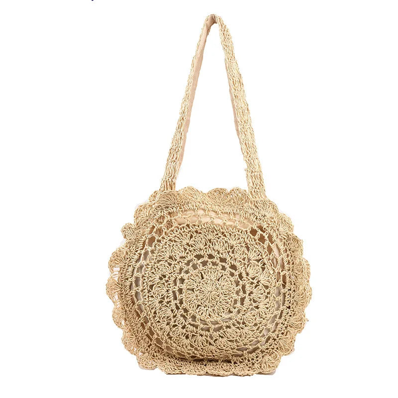 Summer Round Straw Bag Women Woven Rattan Beach Bag Hot New Shoulder Bag Circle Hollow Out Handle Bag Casual Shopper Tote Pouch