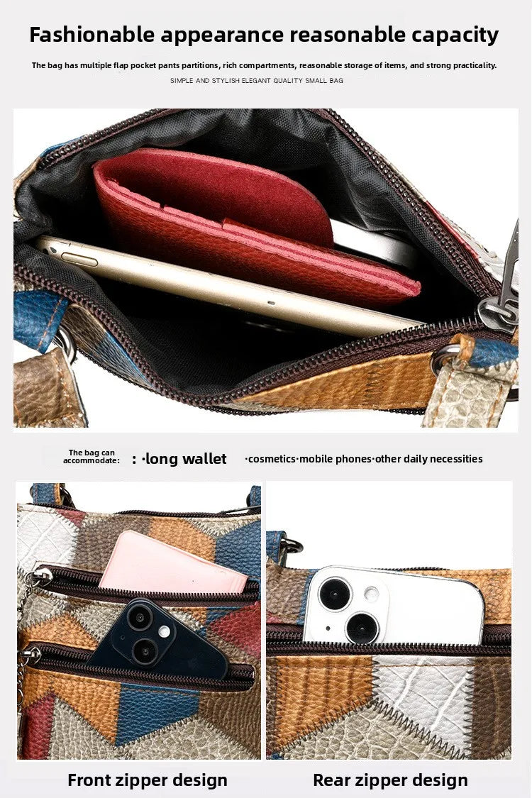 Retro PU Soft Leather Multi Pocket Handbag Shoulder Bag with Color Blocking Plaid Tassel Cross Bags, Mobile Phone Messenger Bag