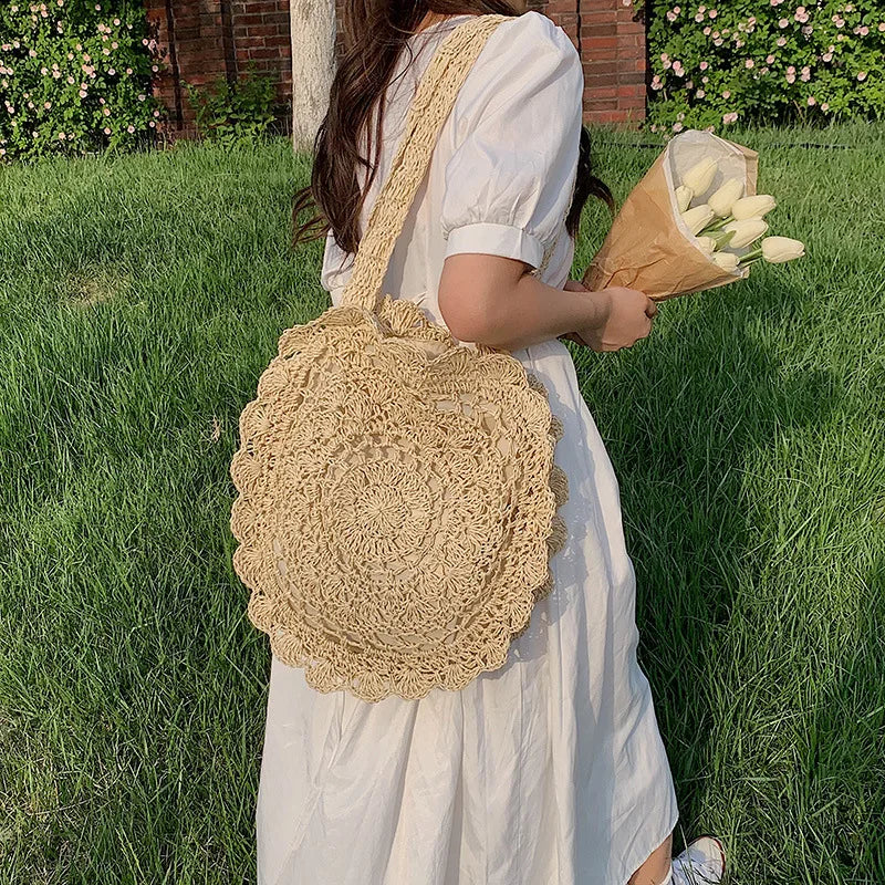 Bohemian Straw Bags for Women Circle Beach Handbags Summer Rattan Shoulder Bags Handmade Knitted Travel Big Totes Bag New