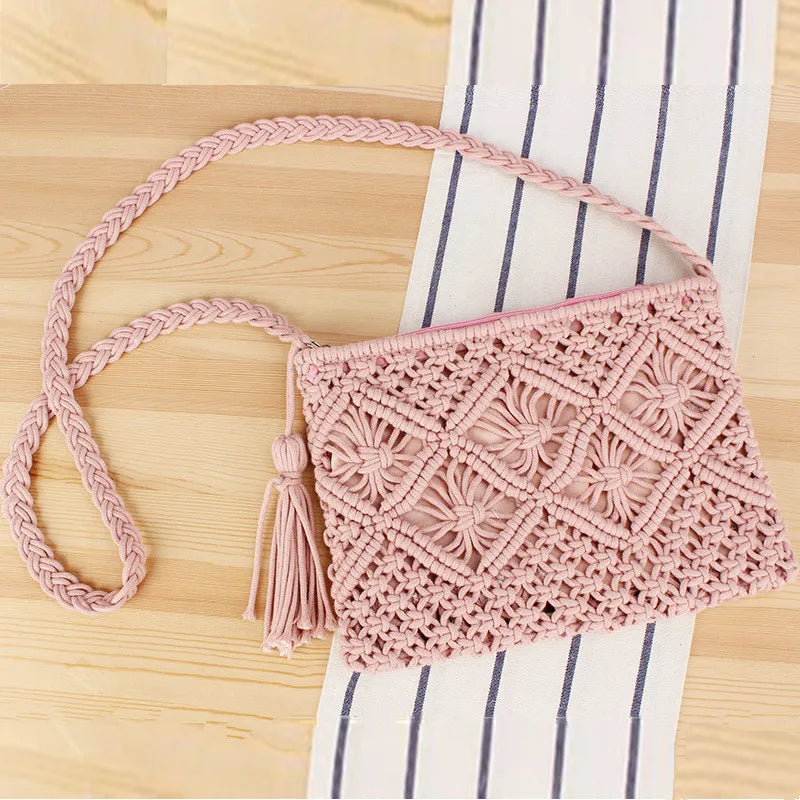 Handmade Bohemian Woven Rope Crossbody Bag with Tassel Detail, Summer Beach Clutch Shoulder Bags for Women, Geometric Design