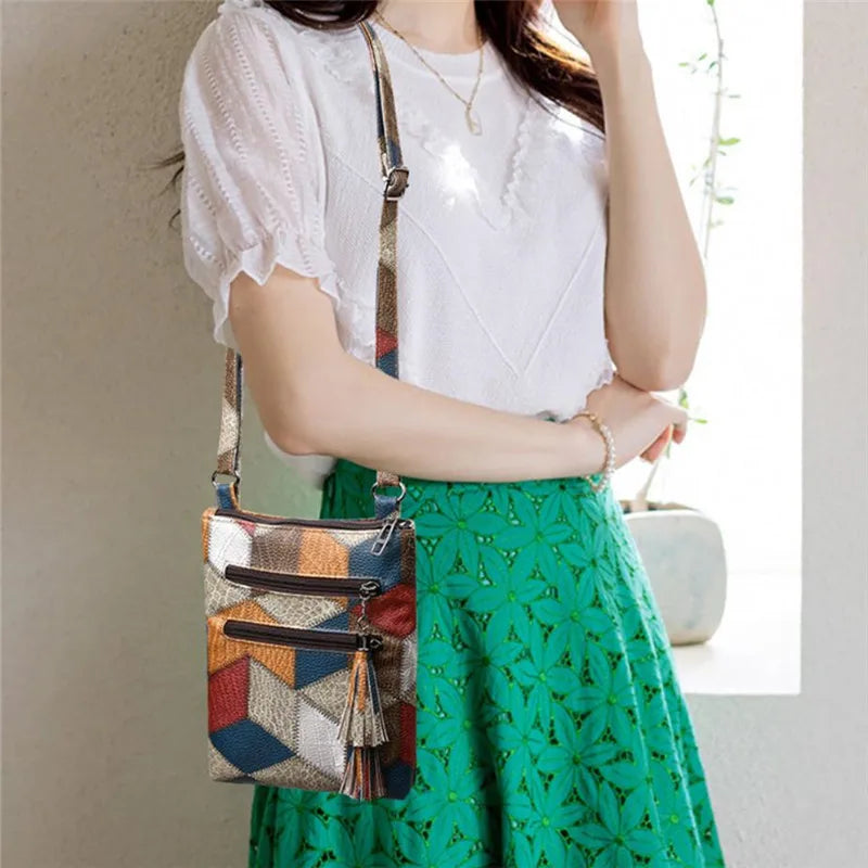 Retro PU Soft Leather Multi Pocket Handbag Shoulder Bag with Color Blocking Plaid Tassel Cross Bags, Mobile Phone Messenger Bag