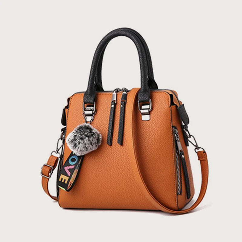 PU Leather Women's Crossbody Bag, Fur Ball Pendant Shoulder Bag, Solid Color Handbag