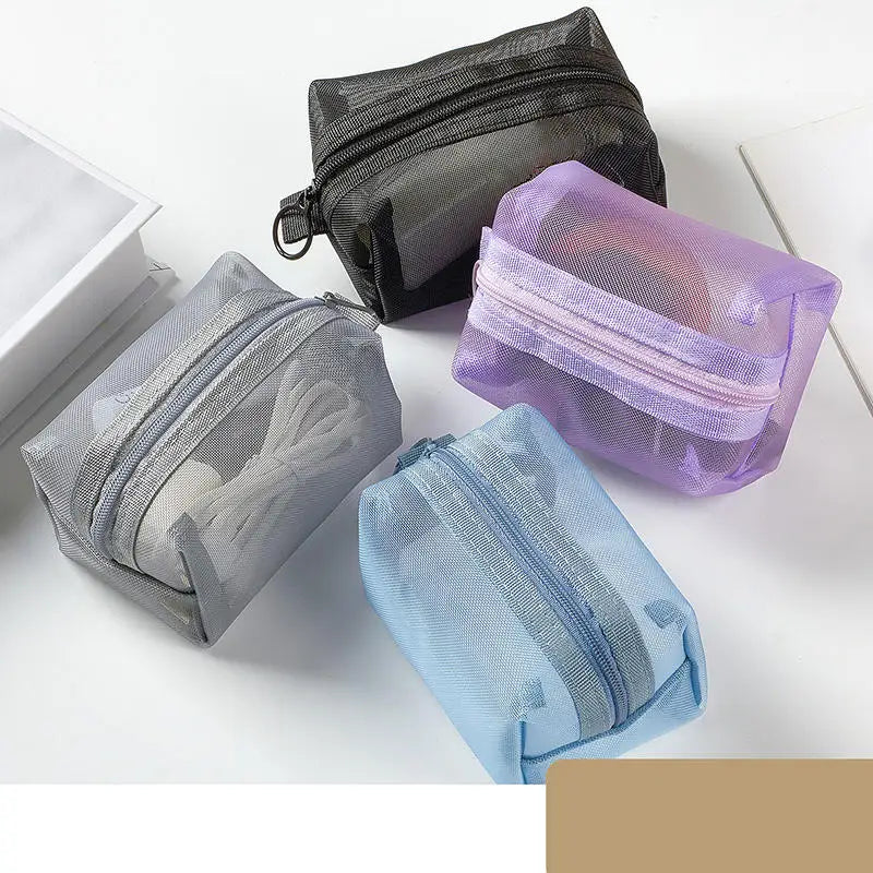 Mini Clear Nylon Mesh Cosmetic Bags Cute Women Small Lipstick Makeup Bags Pouch Data Line Key Earphone Organizer Case