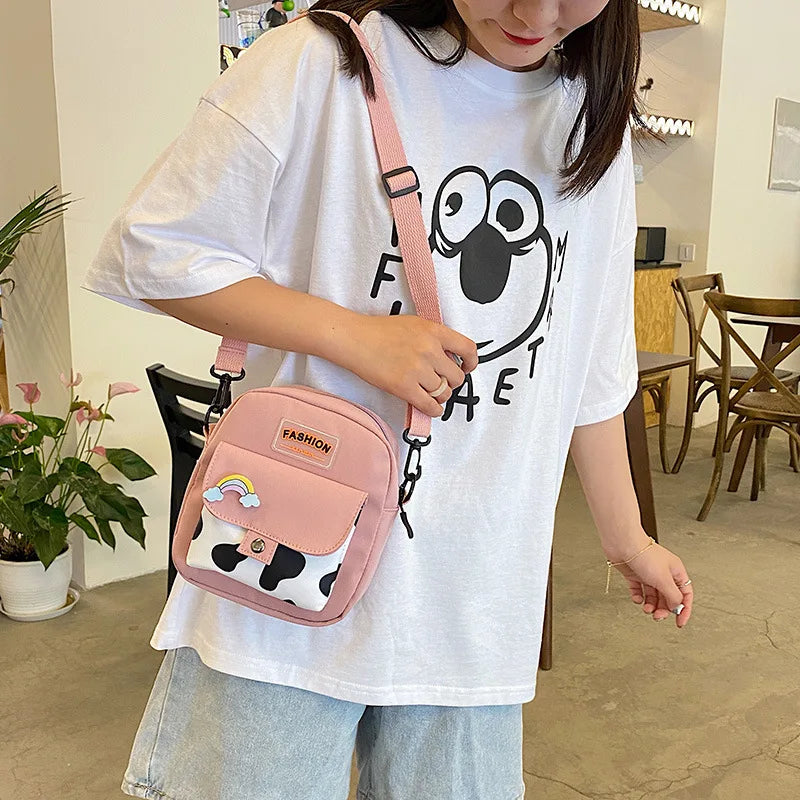 Harajuku Phone Crossbody Bag Nylon Cute Small Bags for Women Cow Pattern Square Small Shoulder Bag Suitable for Women Daily Use