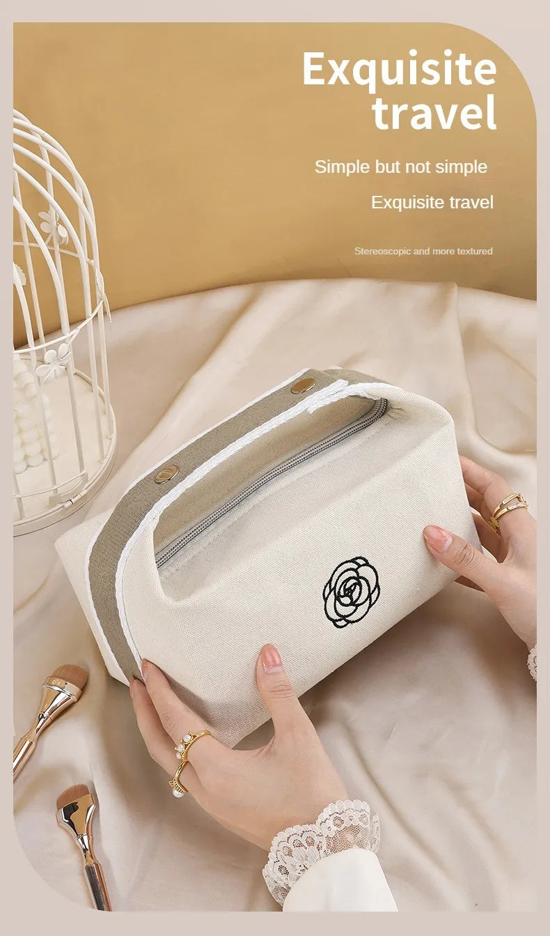 Premium Handheld Portable Camellia Canvas Makeup Bag for Travel Large Capacity Toiletries Cosmetics Skincare Storage Bag
