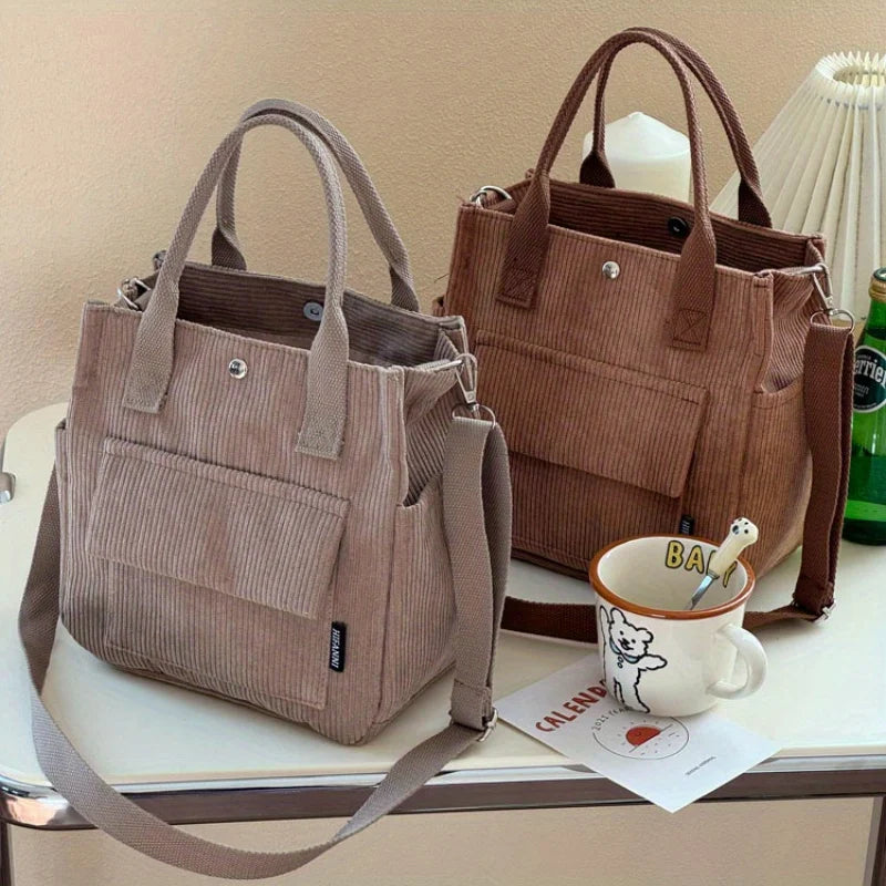 Hand Washable Corduroy Tote Bag with Multiple Pockets, Everyday Crossbody or Shoulder Bag, Solid Color Satchel for Daily Use