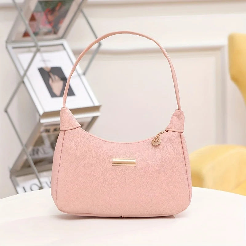 Fashion Shoulder Bag for Women, Solid Color Synthetic Leather Handbag with Zipper Closure, Versatile Underarm Dumpling Purse