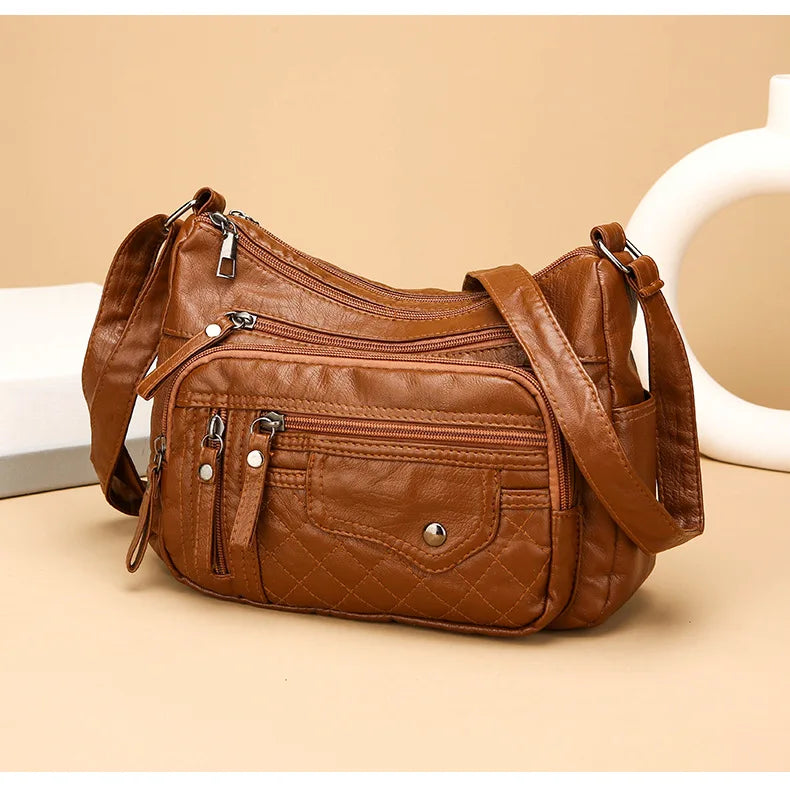 Fashionable Four Seasons Soft Leather Multi Pocket Cross Bags, Multi Layer Zipper Pouch Single Shoulder Bag for Women Daily Use
