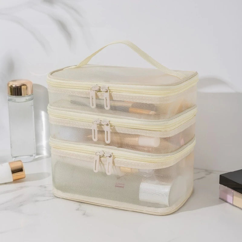 3-Layer Mesh Cosmetic Bags Large Capacity Foldable Travel Organizer Bag for Toiletries Cosmetics Makeup Case Bag