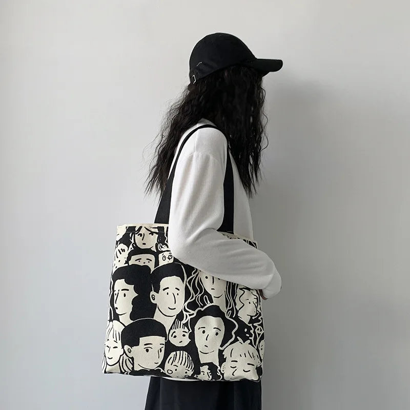 Teen Youth Pattern Canvas Bag, Large Capacity Female Single Handbag Shoulder Bag, Student Literary Artistic Simple Shopping Bag