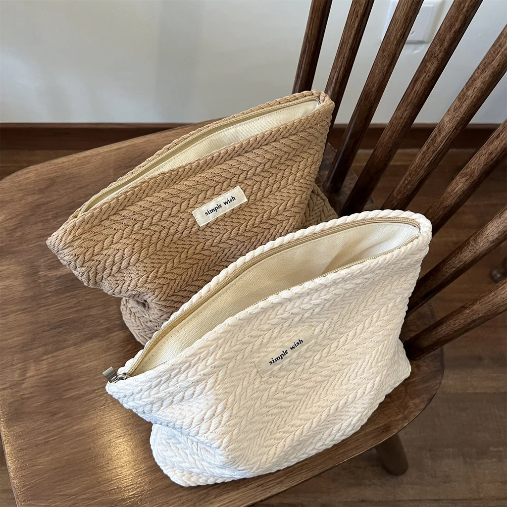 Handwoven Cotton Makeup Bag – Artistic Crochet Cosmetic Pouch with Zipper, Minimalist Clutch for Women