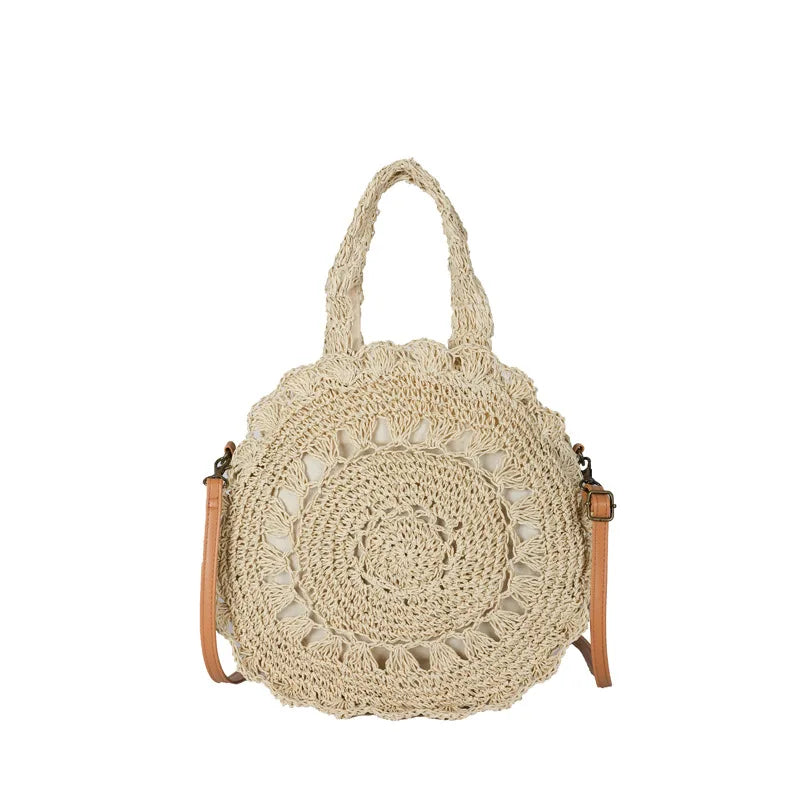 Summer Round Straw Bag Women Woven Rattan Beach Bag Hot New Shoulder Bag Circle Hollow Out Handle Bag Casual Shopper Tote Pouch