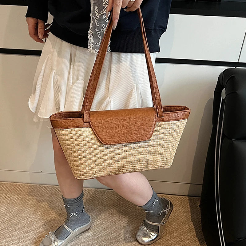 Fashion Women Shoulder Bag PU Woven Patchwork Stick Bag Large Capacity Tote Bag New Casual Woven Contrasting Color Handbag