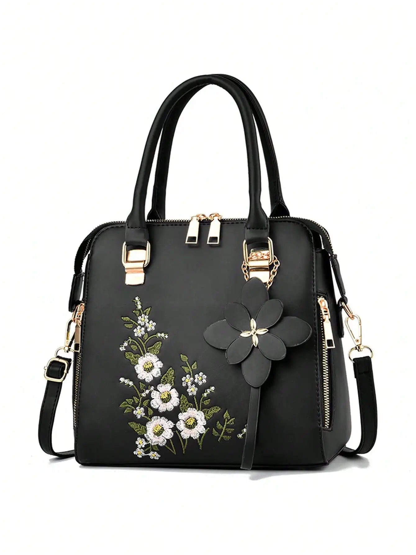 Floral detail shoulder bag, fashionable zipper work large capacity handbag, casual crossbody bag