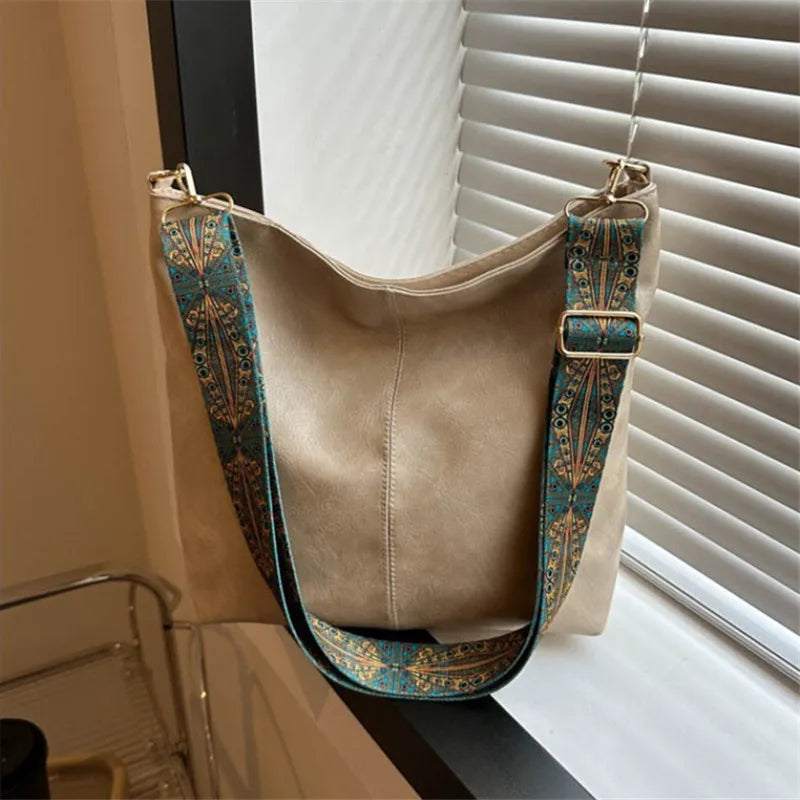 Bohemian Style Women's Shoulder Bag, Vintage Wide Strap, Casual Crossbody Bag for Commuting, Golden Embroidery, Adjustable Strap