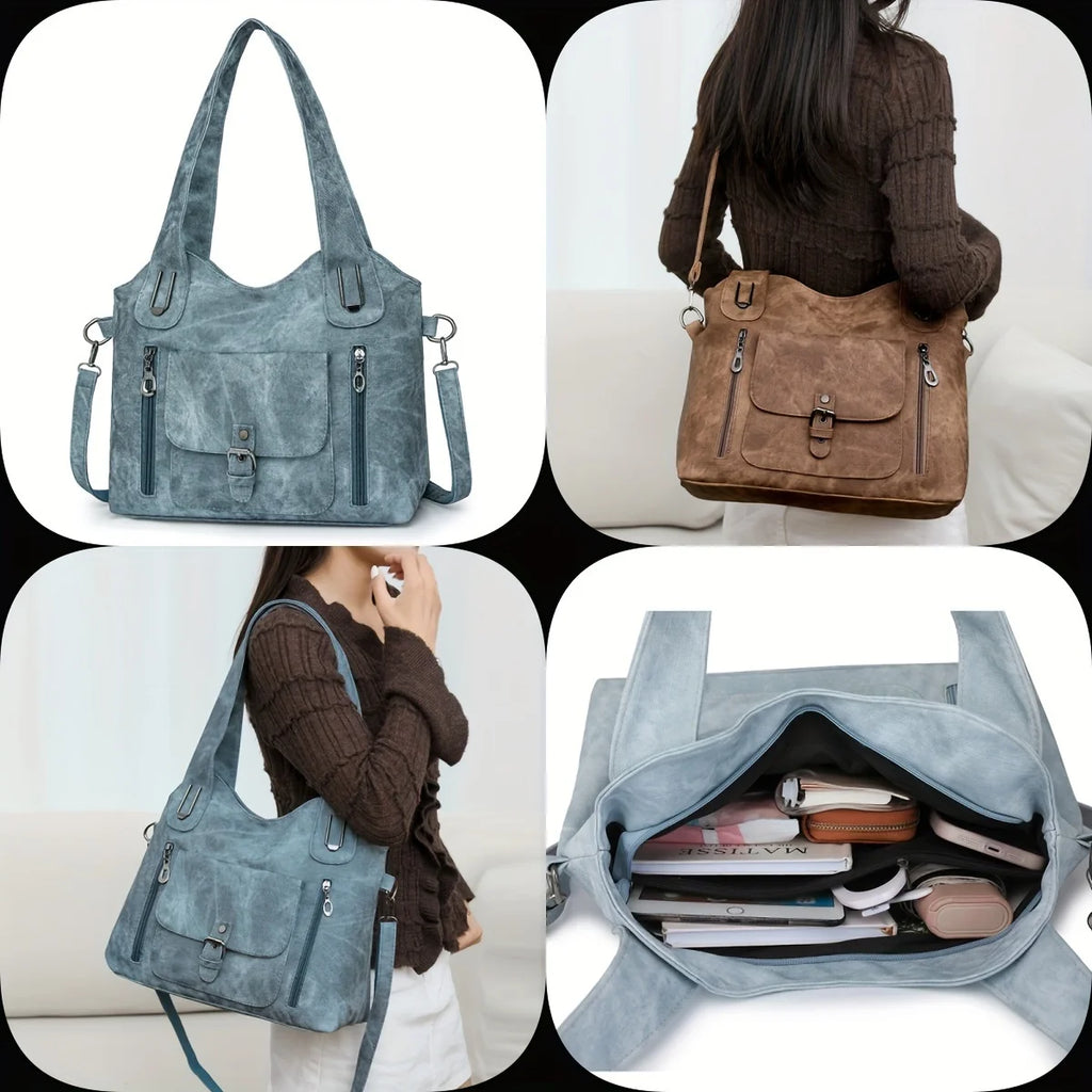 Soft Synthetic Leather Retro Women's Shoulder Tote Bag, Multiple Pockets for Daily Use or Work, Versatile Carry Bag