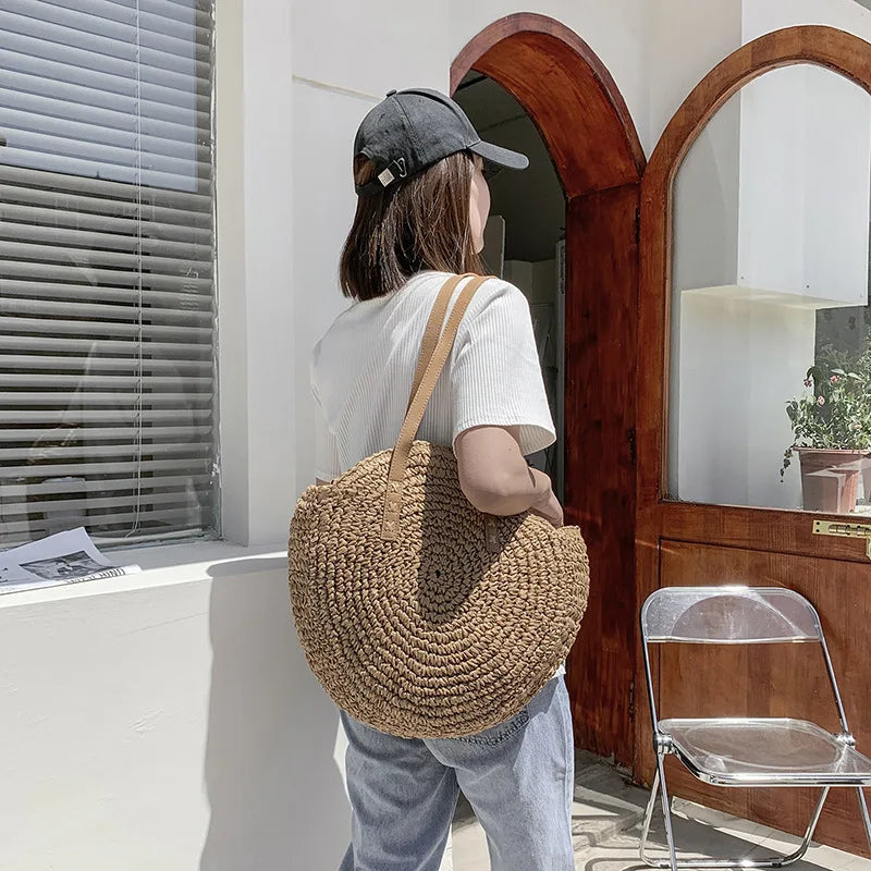 Summer Round Straw Bags for Women Rattan Shoulder Bag Travel Handmade Woven Beach Handbags Female Large Capacity Totes Bag