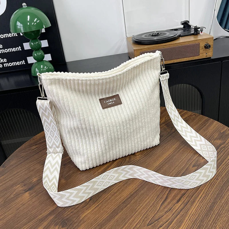 Solid Color Corduroy Shoulder Messenger Bag Versatile Handbag Women Crossbody Bags Casual Chic Bucket Women‘s Bag Bolsos Mujer