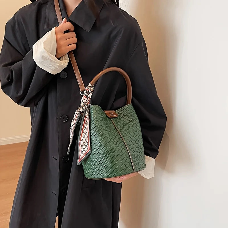 Fashionable Women's Bucket Bag, Stylish Solid Color Woven Effect Handbag Shoulder Bag and Crossbody Bag, Can Be Carried By Hand