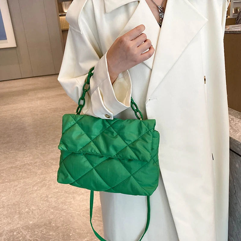 Fashion Chain Crossbody Bags Women Winter Cotton Padded Quilted Shoulder Bags Casual Large Capacity Simple Female Handbags