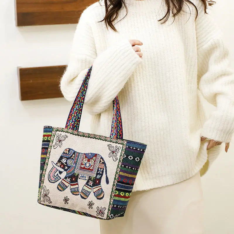 New Ethnic Style Shoulder Bag Office Handbag Student Canvas Embroidery Elephant  Casual Travel Storage Tote Bag For Women