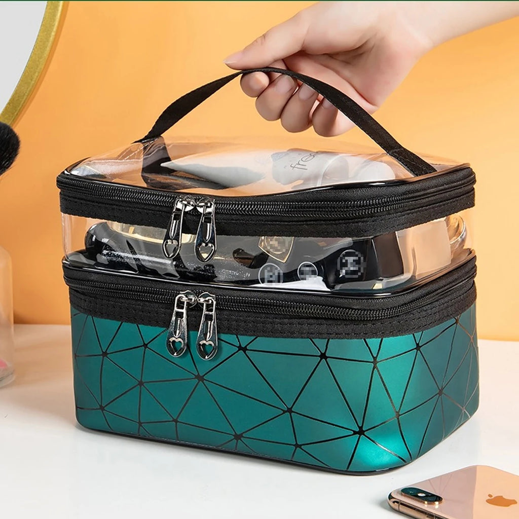 Doublelayer Makeup Bag,Waterproof PVC Travel Pouch Portable Washbag