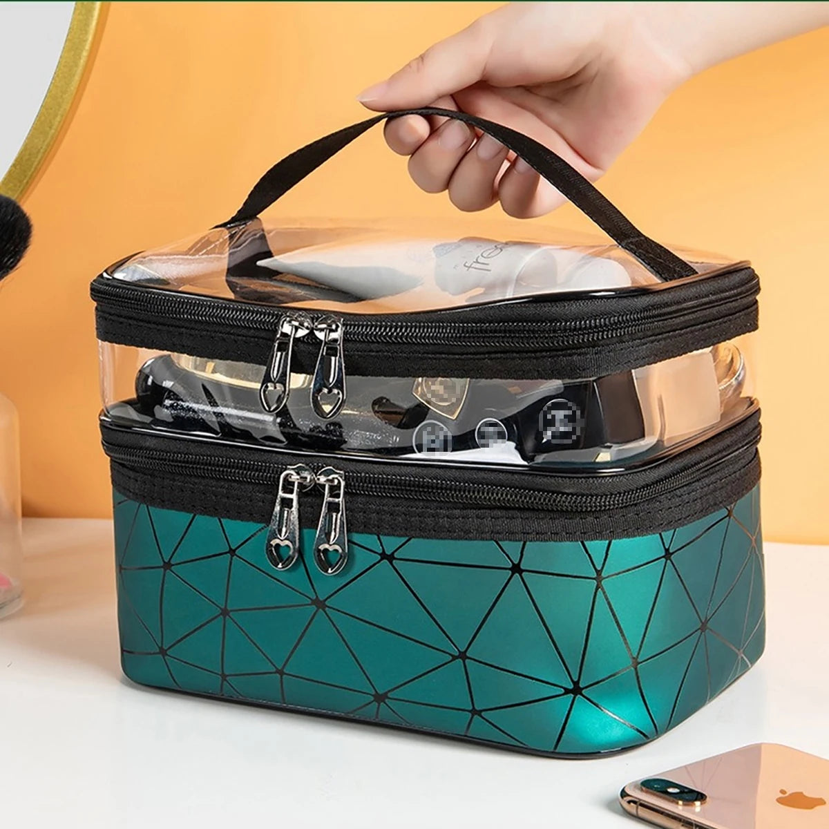 Doublelayer Makeup Bag,Waterproof PVC Travel Pouch Portable Washbag