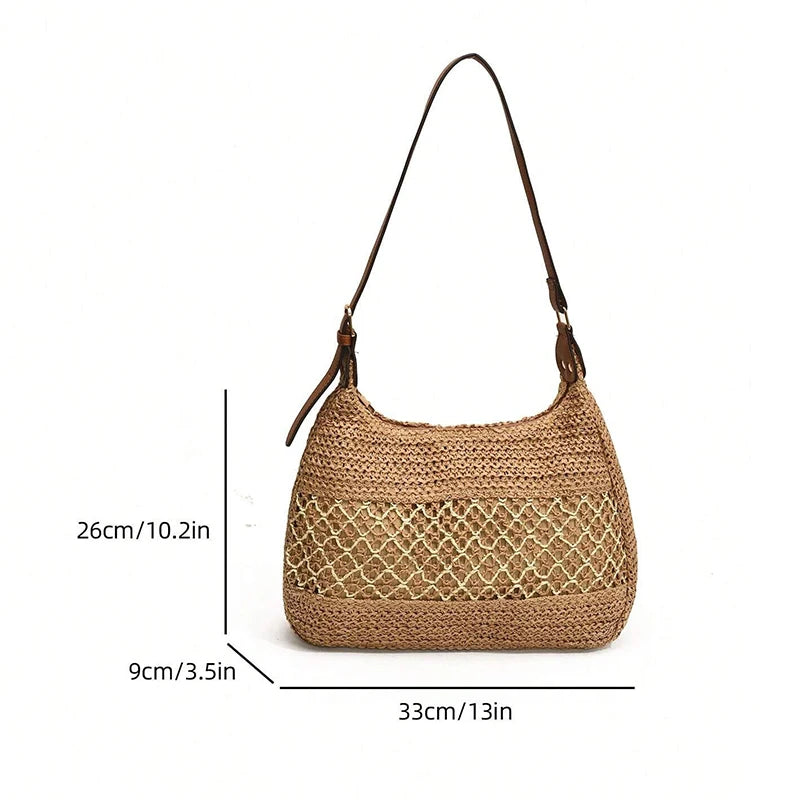 Women Hollow Shoulder Bag Large Capacity Straw Weaving Travel Handbag Adjustable Strap Shopper Tote Bag