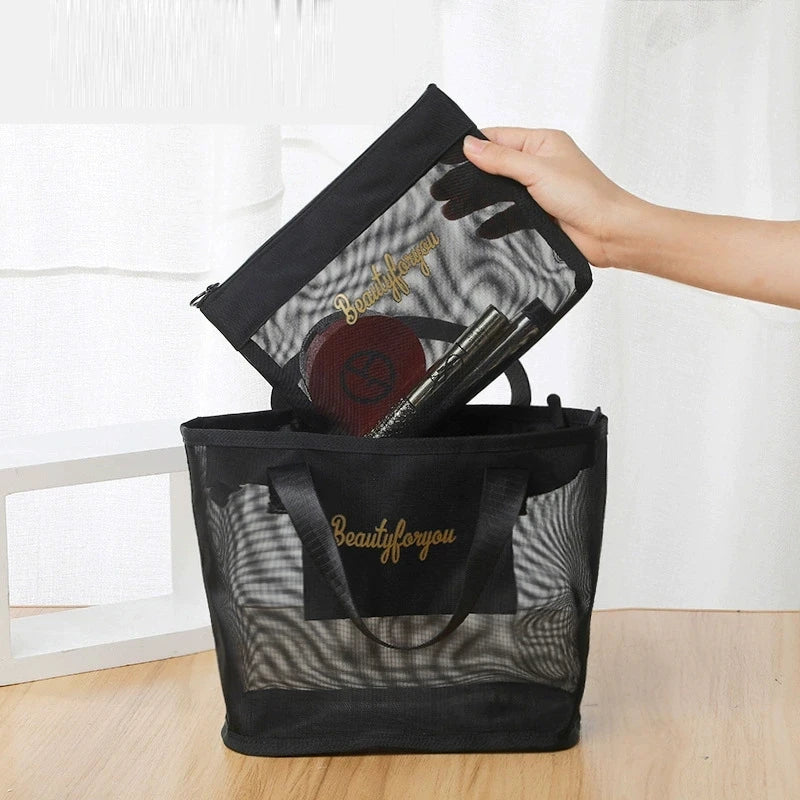 2pcs/set Chic Large Capacity Mesh Wash Bag Portable Travel Cosmetics Storage Bag Outdoor Beach Bath Tote Bag with Clutches Pouch