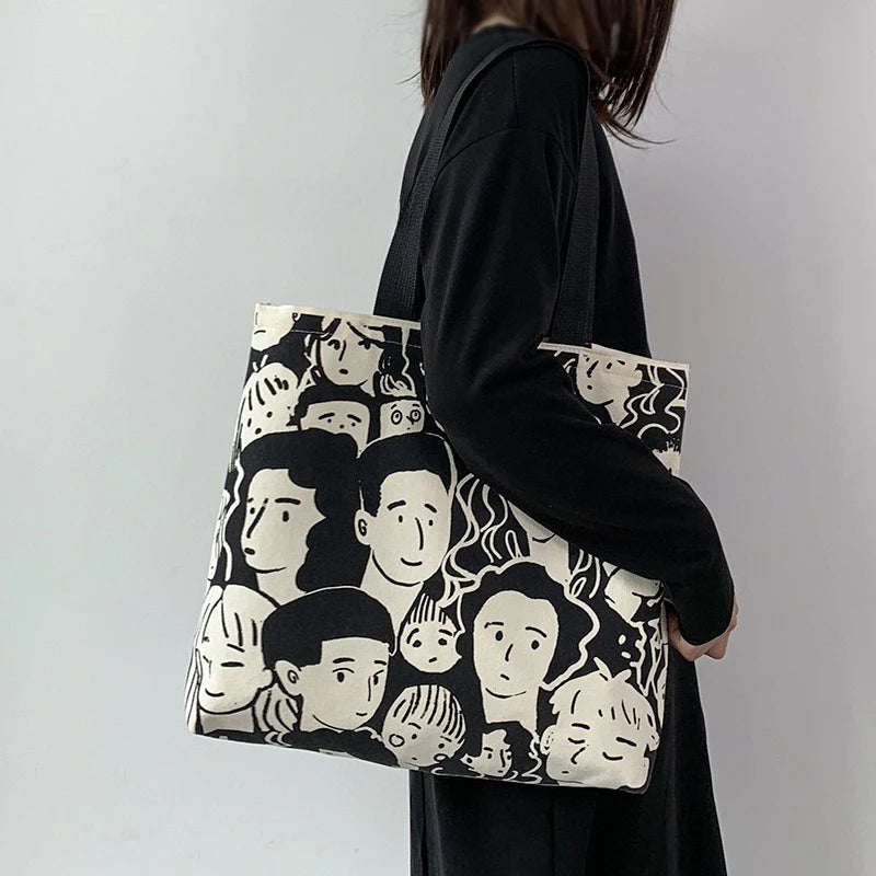 Teen Youth Pattern Canvas Bag, Large Capacity Female Single Handbag Shoulder Bag, Student Literary Artistic Simple Shopping Bag