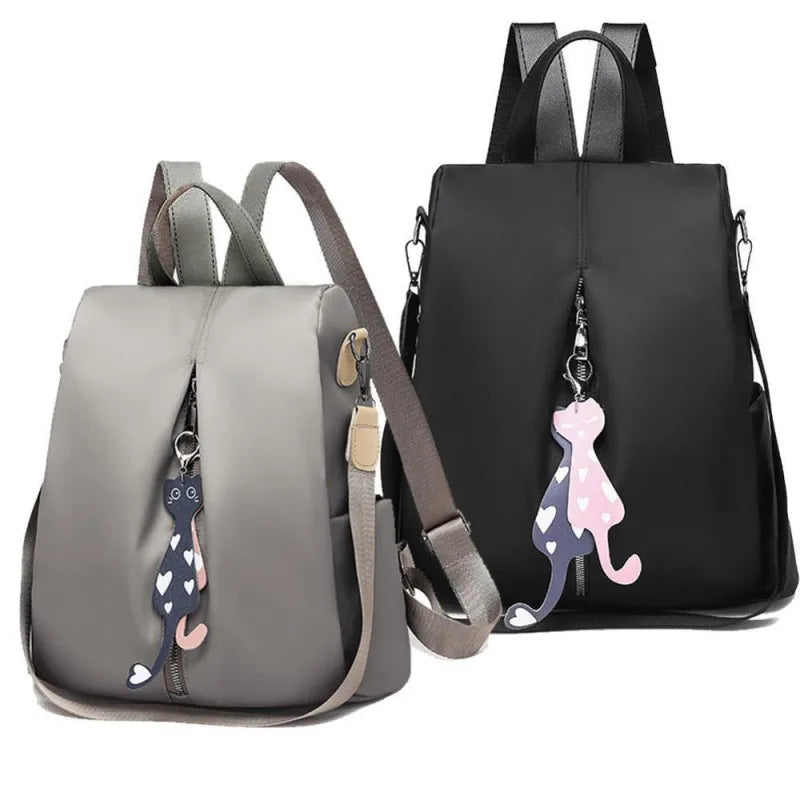 Solid Color Large Daypack for Female, Bagpack with Cat Pendant ,Women Simple Travel Shoulder Bags ,Multi-use Nylon Backpack