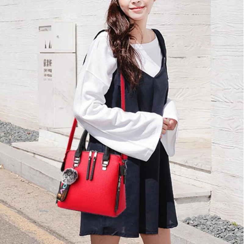PU Leather Women's Crossbody Bag, Fur Ball Pendant Shoulder Bag, Solid Color Handbag