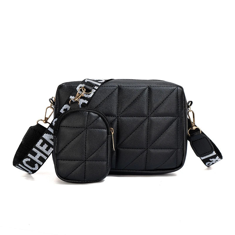 New Solid Color Diamond Plaid Son And Mother Fashion Shoulder Bag Trendy Letter Wide Shoulder Strap Crossbody Small Square Bag