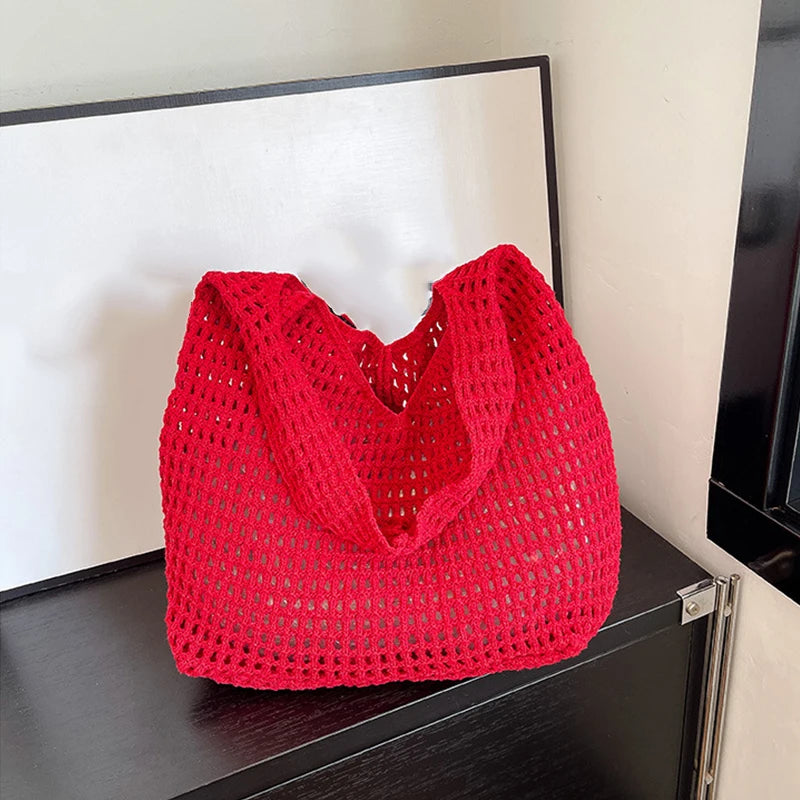 New Sweet Crochet Shoulder Bag Leisure Beach Hollow Out Handbag Women Solid Color Woven Totes Bag For Travel