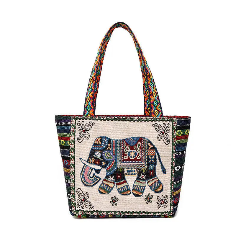New Ethnic Style Shoulder Bag Office Handbag Student Canvas Embroidery Elephant  Casual Travel Storage Tote Bag For Women