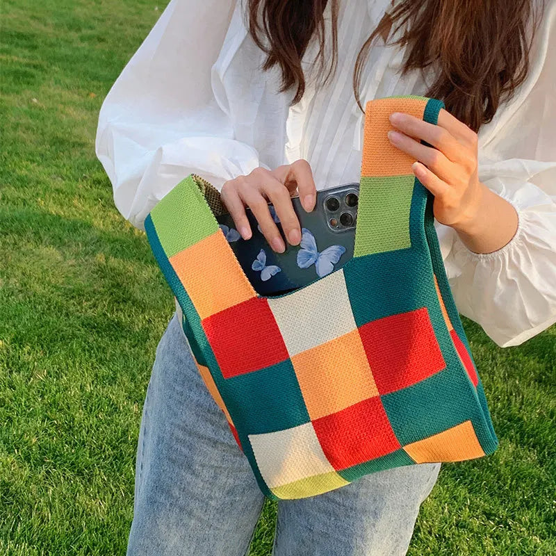 Luxury Design Stripe Knitted Small Handbag and Purse Fashion Korean Trendy Travel Shoulder Bag Wrist Bag Summer Shopper Tote