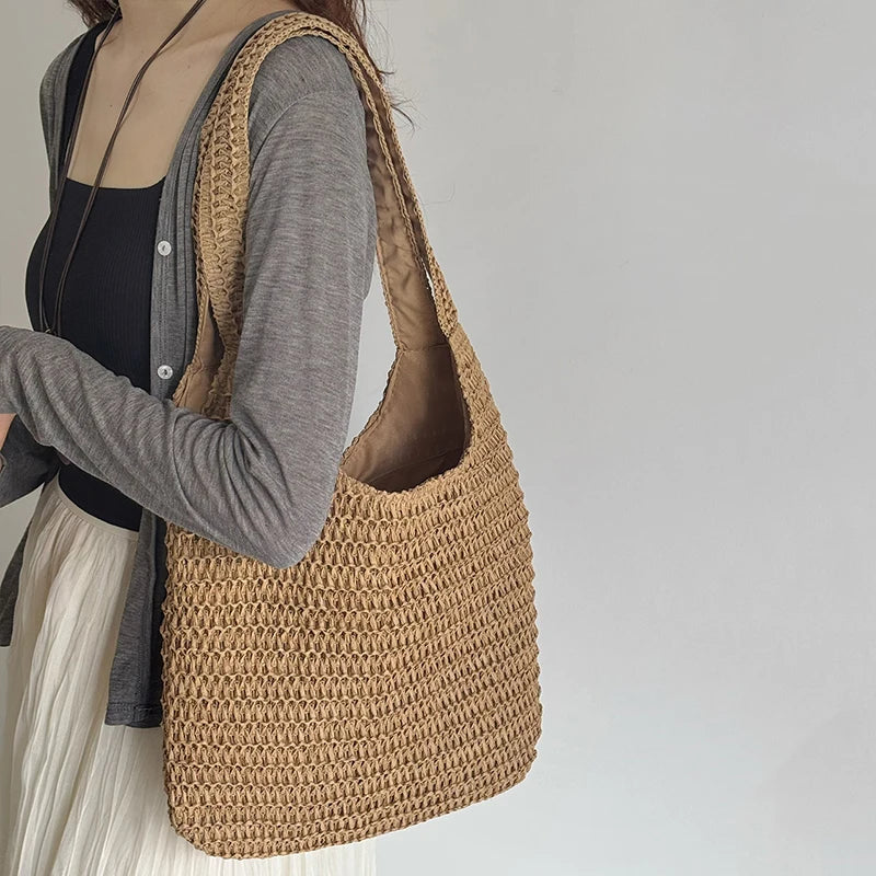 Fashion Straw Women Shoulder Bags Paper Woven Female Handbags Large Capacity Summer Beach Straw Bags Casual Tote Purses
