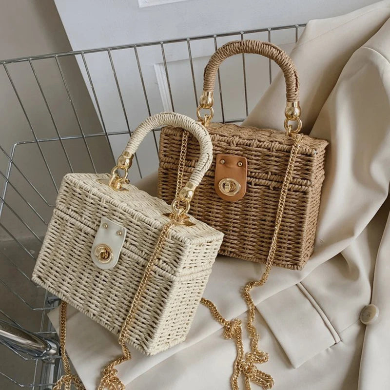 Summer Box Small Purse and Handbags For Women Rattan Straw Woven Crossbody Shoulder Bags Female Fashion Chain Travel Beach Bags