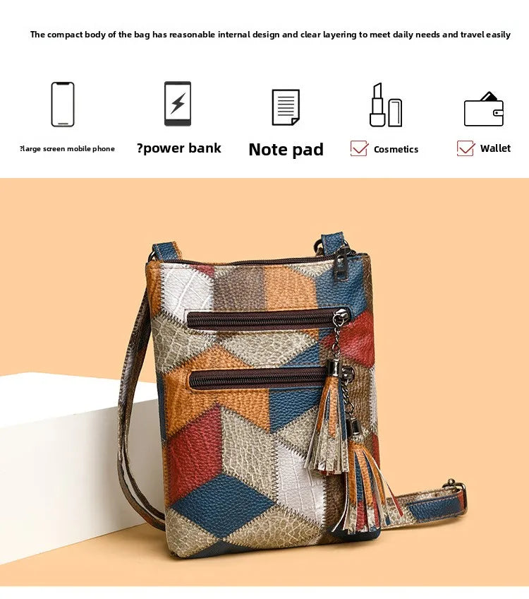 Retro PU Soft Leather Multi Pocket Handbag Shoulder Bag with Color Blocking Plaid Tassel Cross Bags, Mobile Phone Messenger Bag