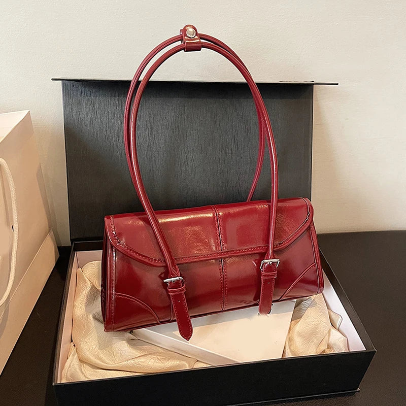 High End Burgundy Oil Wax PU Leather Underarm Bag Elegant Women's Magnetic Buckle Shoulder Bag Commuter Versatile Ladies Tote Ba