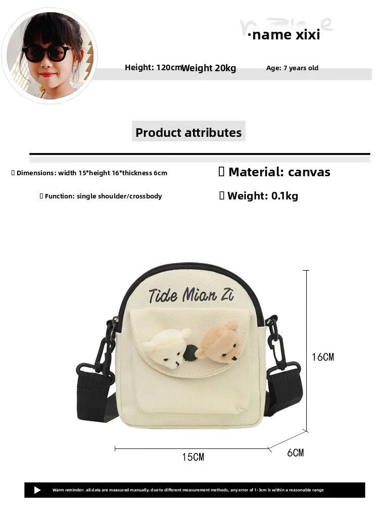 Cartoon Mini Canvas Bag Cute Small Crossbody Bags for Woman Phone Tissue Coin Purse Pocket, Student Shoulder Bag with Pin Bear
