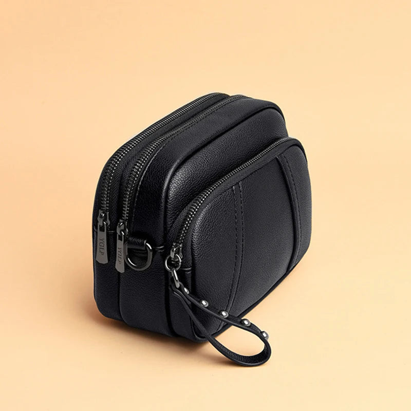 Solid Color Fashionable Rivet Zipper Women's Mobile Phone Bag Simple Soft PU Leather Shoulder Crossbody Small Square Handbag
