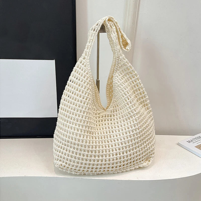 New Sweet Crochet Shoulder Bag Leisure Beach Hollow Out Handbag Women Solid Color Woven Totes Bag For Travel