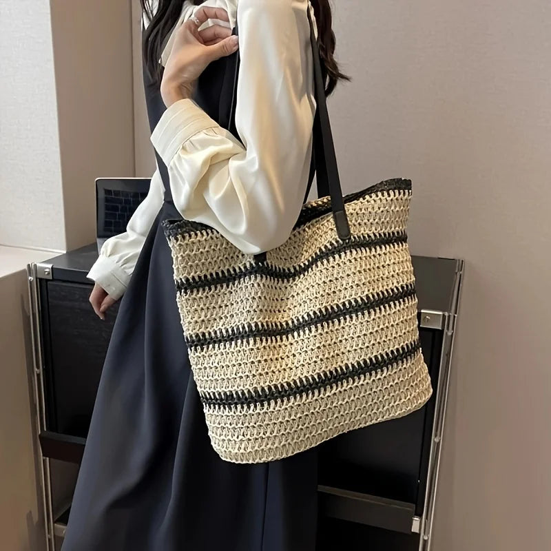 Large Boho Chic Striped Woven Tote Bag, Spacious Shoulder Beach & Shopping Bag for Women with Black and White Design, Beach Bag