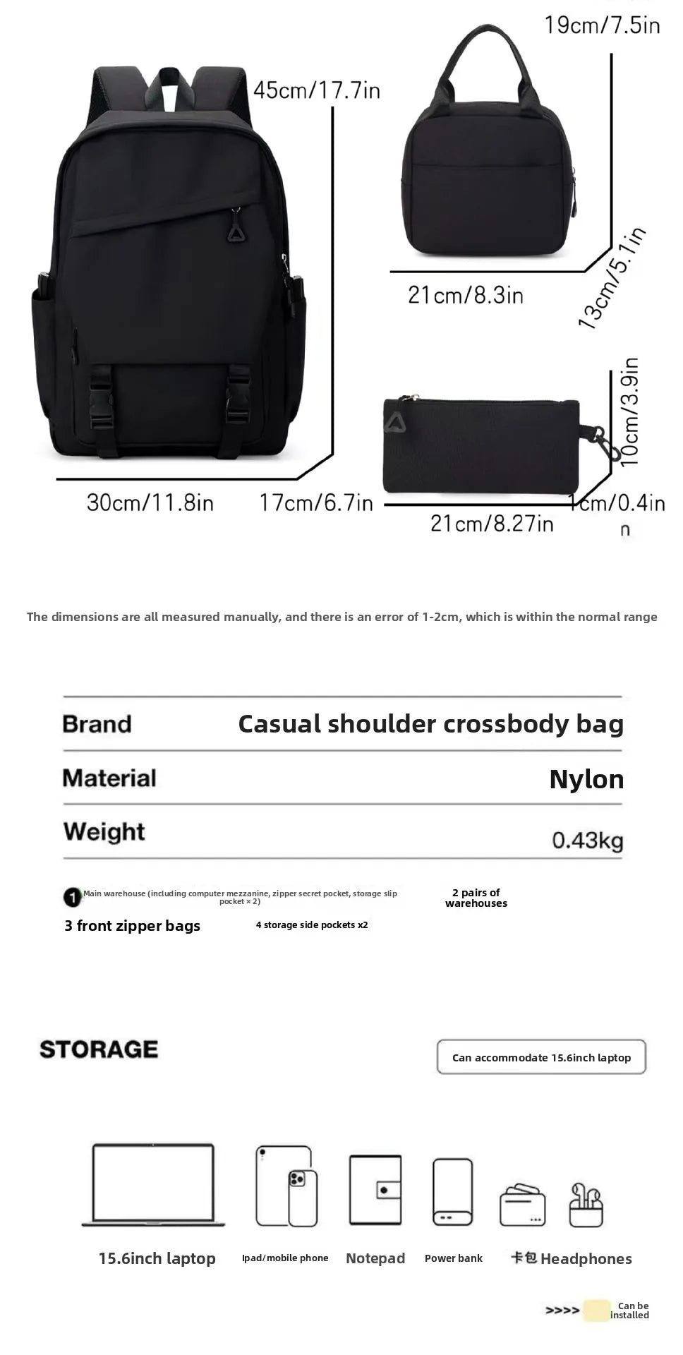 3pcs/set Campus Student Backpack, Boys Girls School Bags for Teen Men Women Tote Bag Clutch Pocket, Nylon Backpacks Travel Bag