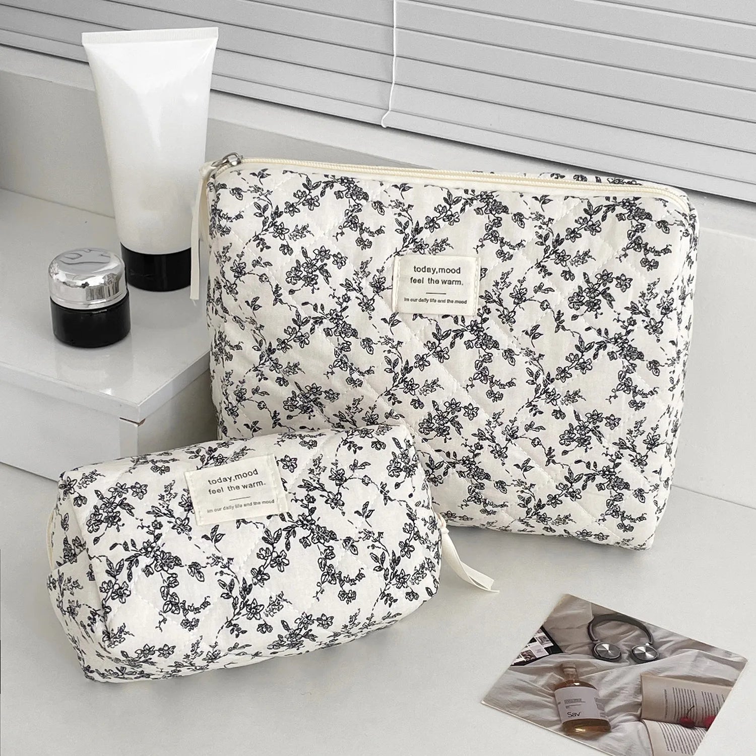 Fashion Ins Black Flower Women Quilting Bags Handbag Travel Organizer Cosmetic Makeup Storage Pouch Portable Zipper Tote Bag
