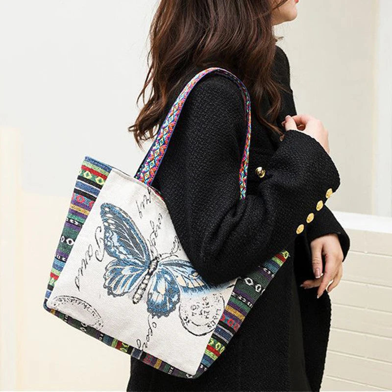 New Ethnic Style Shoulder Bag Office Handbag Student Canvas Embroidery Elephant  Casual Travel Storage Tote Bag For Women