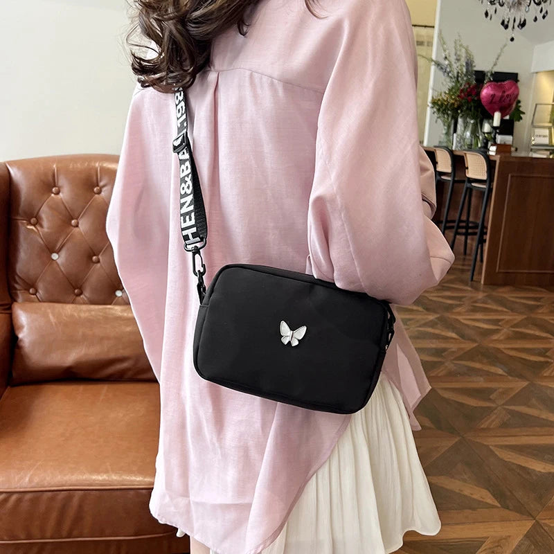 Black&white Shoulder Bag Durable Butterly Nylon Crossbody Bag Wide Belt Crossbody Bag Casual Small Sqaure Bag For Women