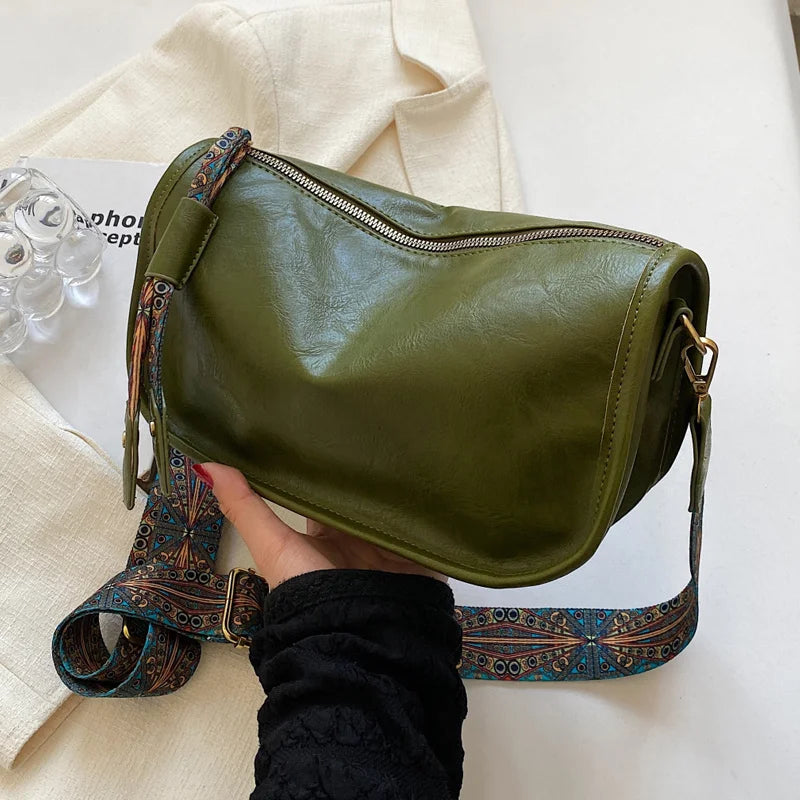 Graphic Pattern Zipper Crossbody Bag, Stylish Shoulder Bag With Wide Strap, Large Capacity Daily Purse