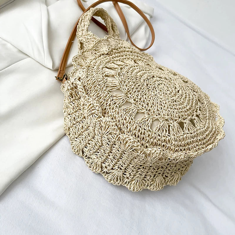 Bohemian Straw Bags for Women Circle Beach Handbags Summer Rattan Shoulder Bags Handmade Knitted Travel Big Totes Bag New